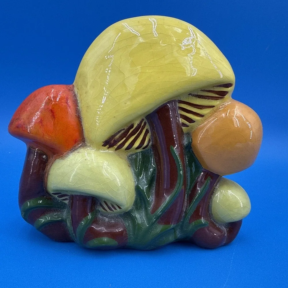 Vtg Ceramic 70's Mushroom Napkin Holder Kitchen Decor Boho Yellow Orange Green
